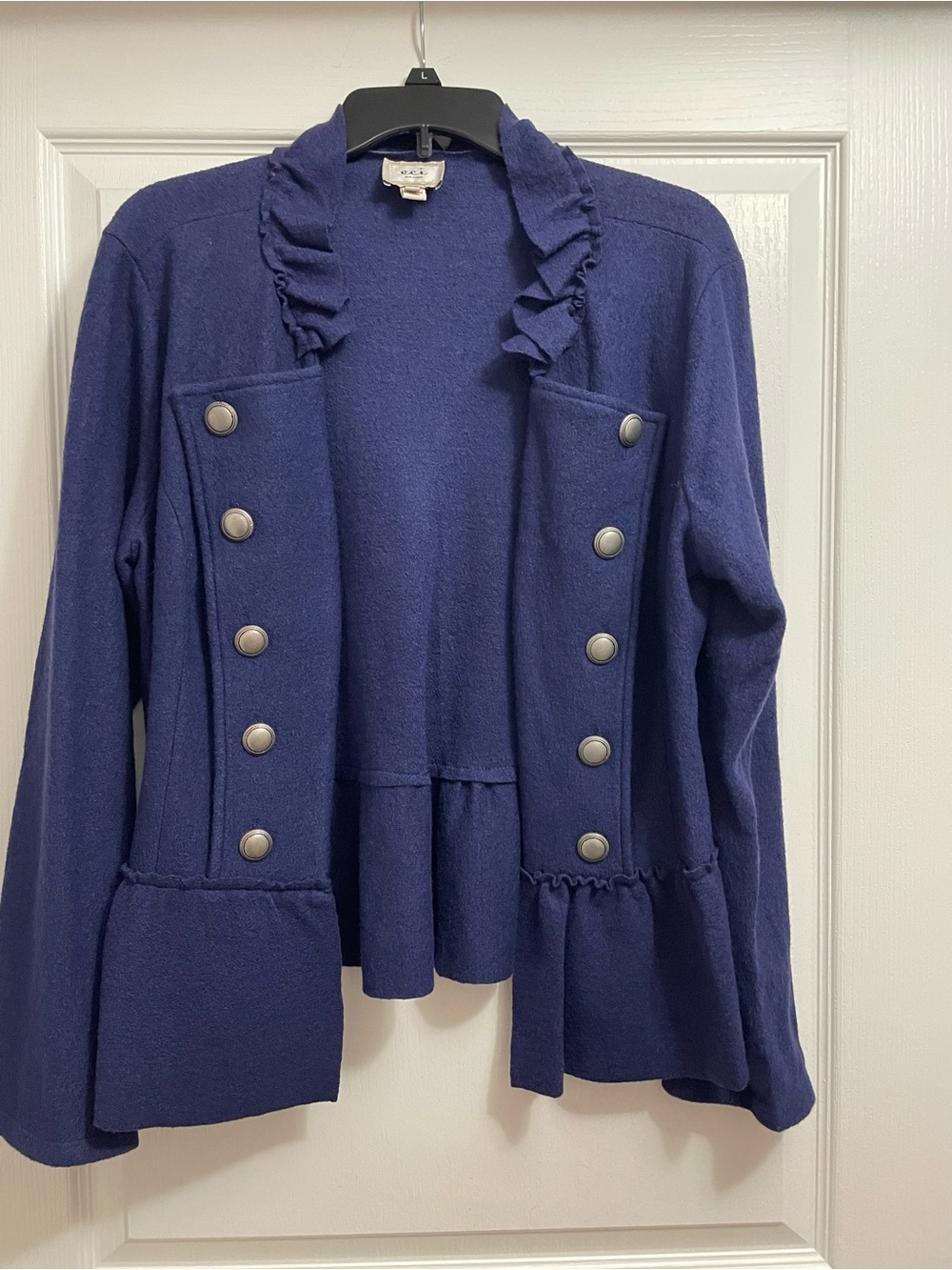 ECI Navy Ruffle Front Cardigan with Decorative Buttons